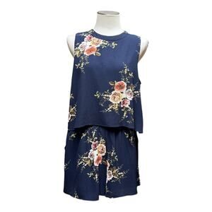 Umgee Floral Sleeveless Romper Shorts Blue Pink Large